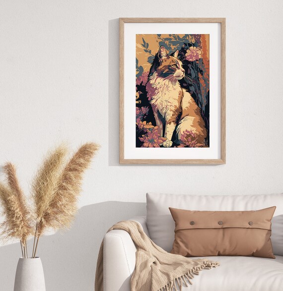 Calico Cat Sitting In Flowers Autumn Garden Scene Portrait Poster