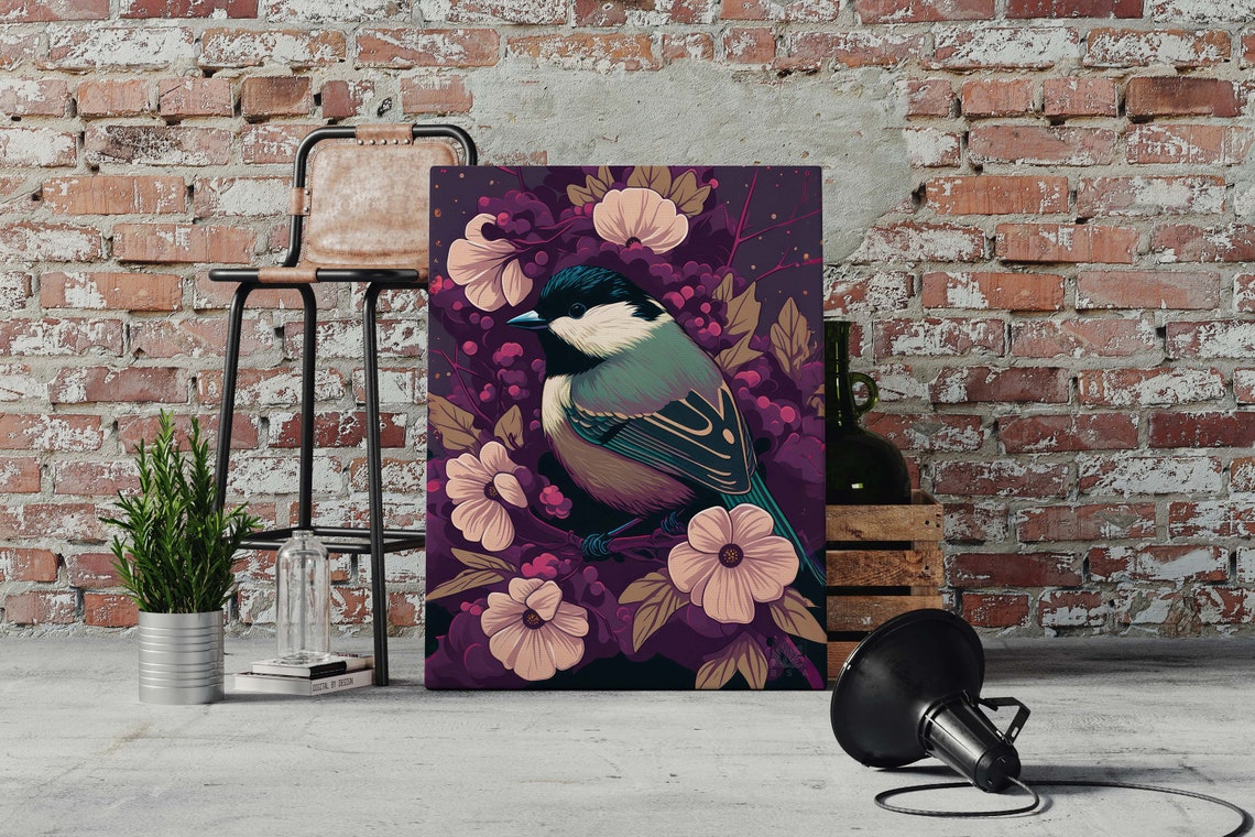 Black Capped Chickadee Poster Pink Blossoms Plum Floral Bird Art - Image 3