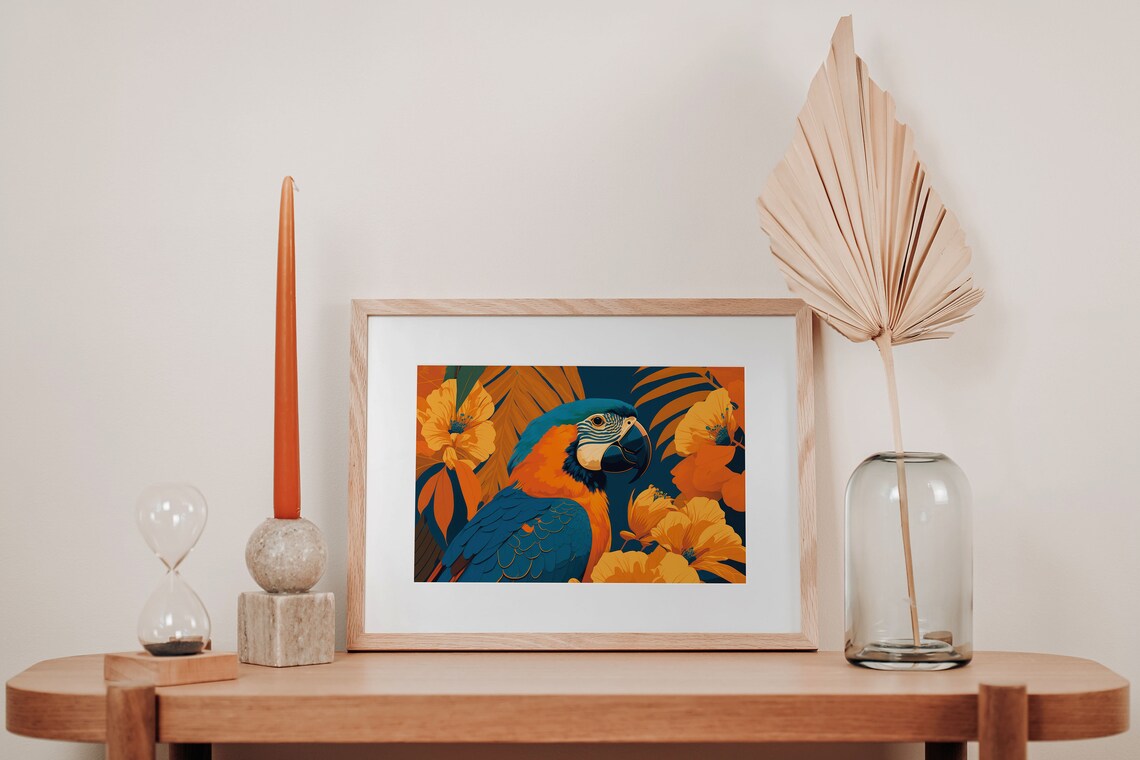 Blue And Gold Macaw Close Up Poster Vibrant Orange Floral Art - Image 3