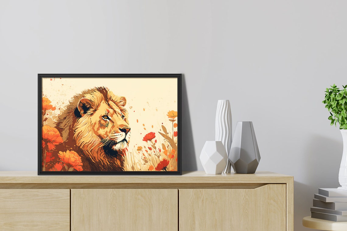 Lion In Wildflower Field Poppies Modern Safari Wildlife Poster - Image 2