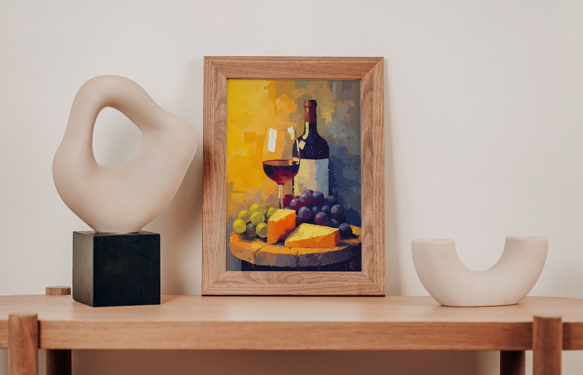 Red Wine Bottle Glass Cheese Grapes Warm Still Life Painting Poster - Image 2