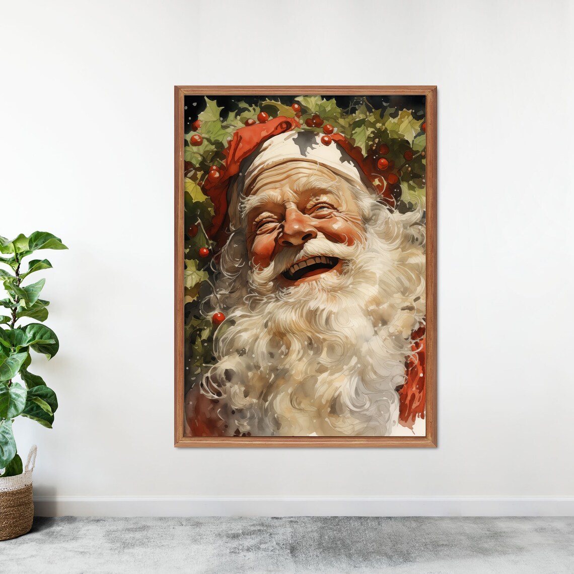Laughing Santa Claus Watercolor Holly Berries Joyful Christmas Wall Art - Image 3