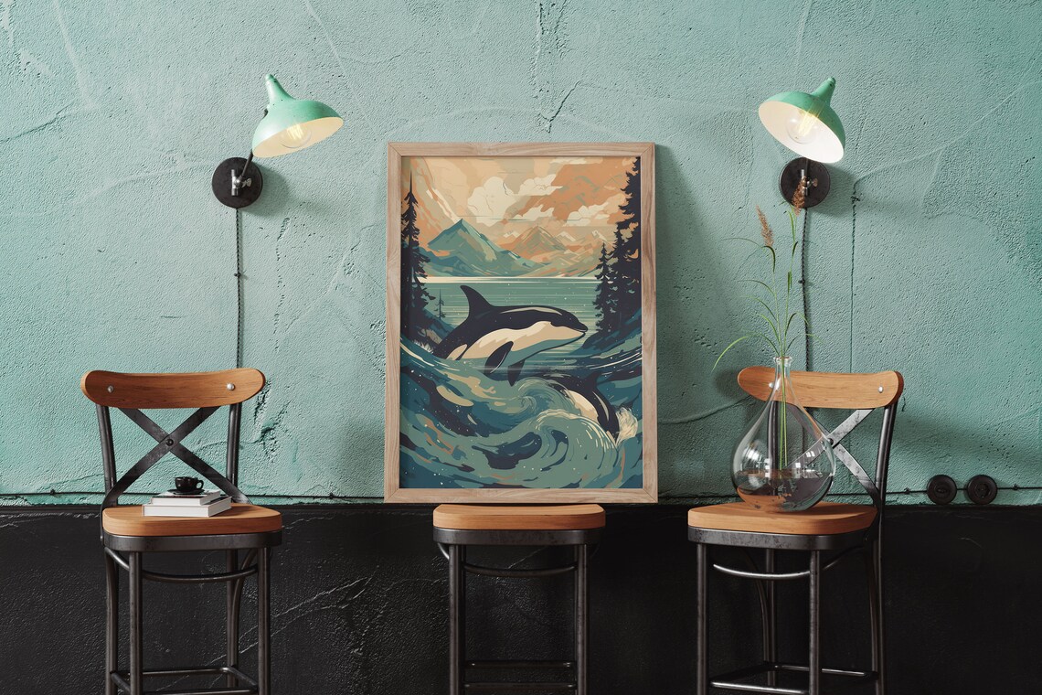 Modern Orca Killer Whale Poster Minimalist Artwork Prints Alaska Cabin Art Deco - Image 2