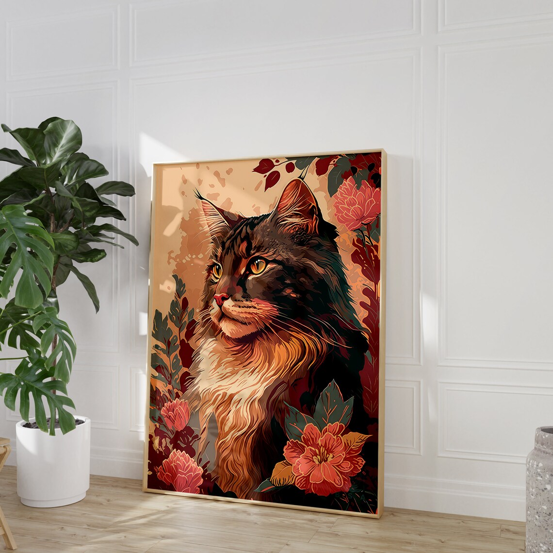 Maine Coon Cat Portrait Amber Eyes Autumn Flower Garden Poster - Image 2