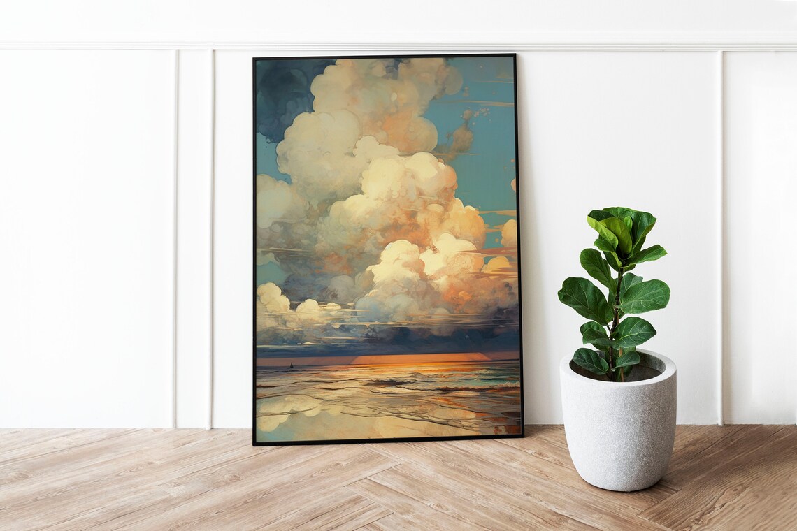Pastel Clouds Ocean Sunset Poster, Coastal Decor