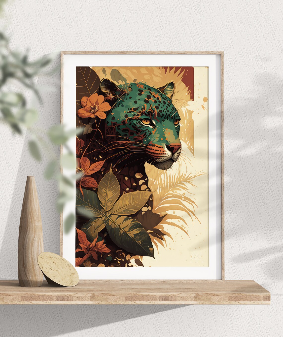 Stylized Green Jaguar Portrait With Golden Jungle Leaves Art Poster