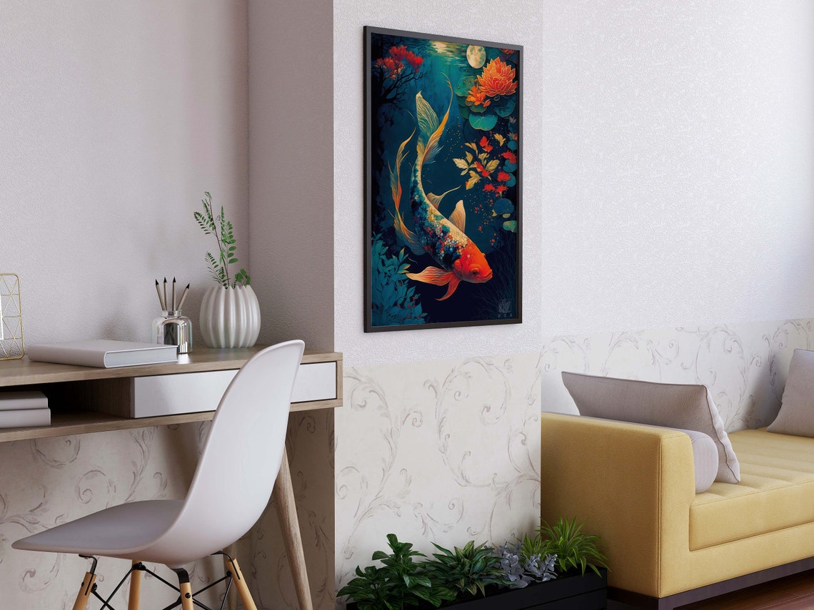 Orange Koi Fish Moonlit Lotus Pond Japanese Style Artwork Poster - Image 2
