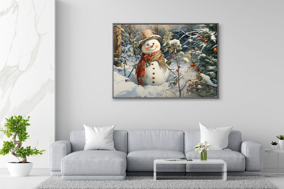 Cheerful Snowman Red Scarf Snowy Berry Forest Winter Scene Poster - Image 2