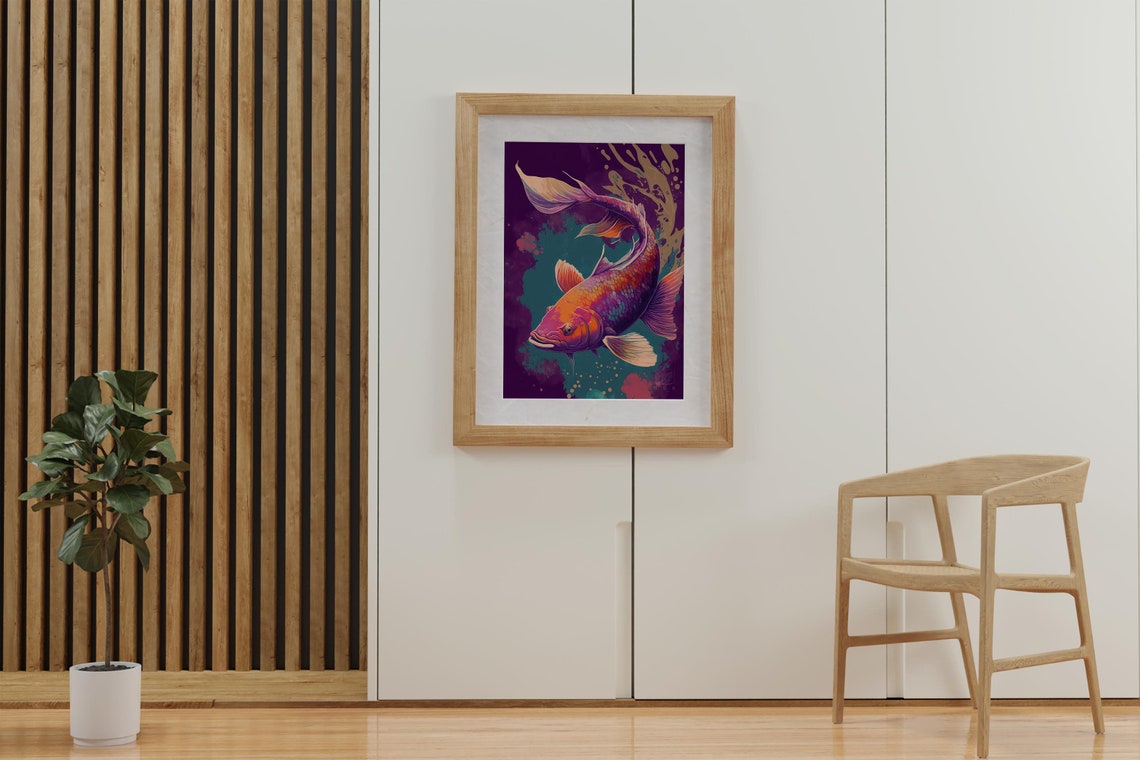 Vibrant Neon Koi Fish Swirling in Deep Purple Waters Art Poster - Image 2