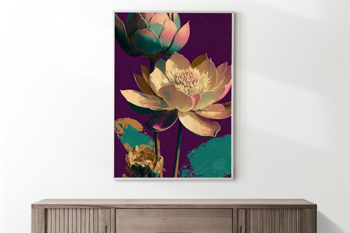 White Lotus Flower Blossoms Over Dark Purple Botanical Poster