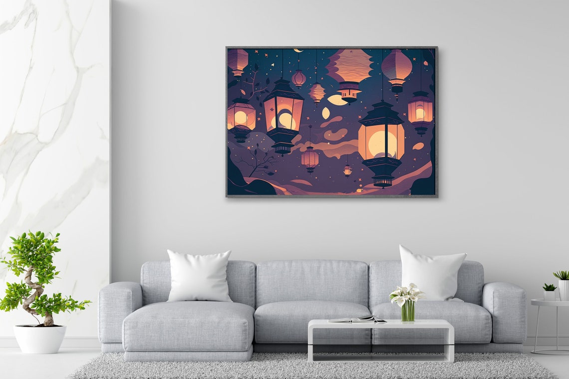 Glowing Night Lanterns Starry Sky Purple Dreamy Fantasy Wall Art - Image 3