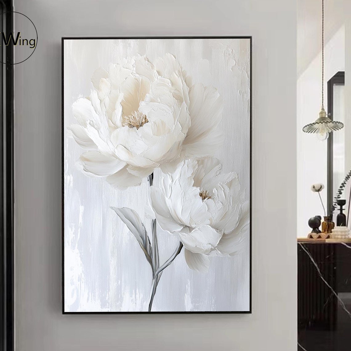 White Peony Blossom 3D Texture Painting Elegant Floral Wall Art Poster
