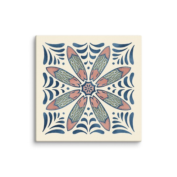 Surfboard Floral Medallion Talavera Tile Peach Navy Art Poster