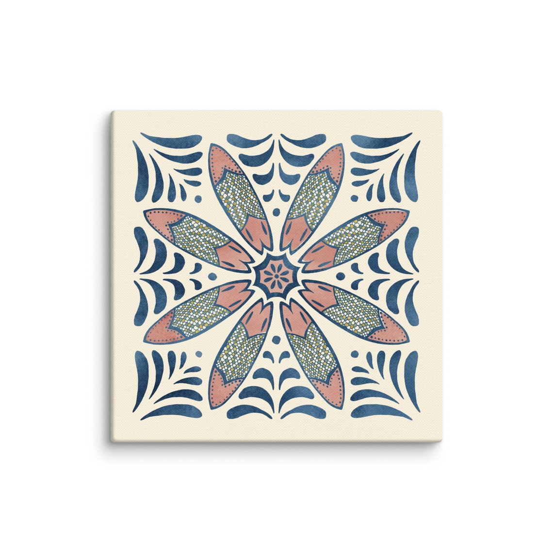 Surfboard Floral Medallion Talavera Tile Peach Navy Art Poster