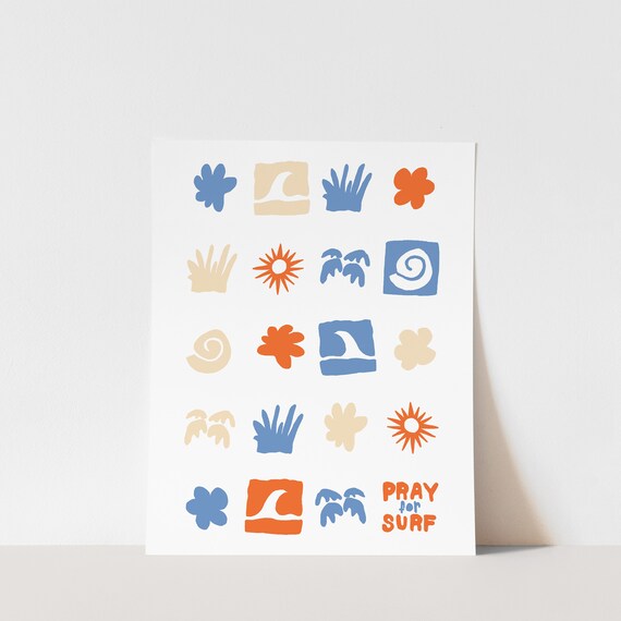 Copy Pray For Surf Art Print Surf Art Retro Inspired Art Coastal Boho Decor Colorful Flowers Beach Waves Ocean Doodles