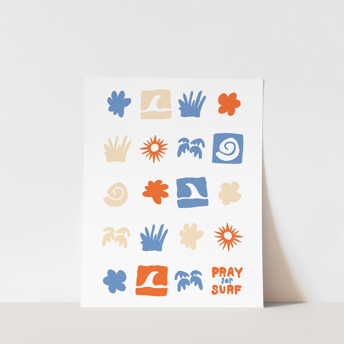 Pray for Surf Icon Grid Colorful Retro Surf Symbols Art Poster