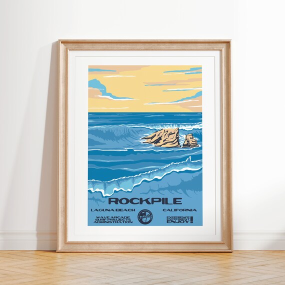 Rockpile Art Print Vintage National Parks Style Surf Poster Laguna Beach Ca Coastal Surf Decor