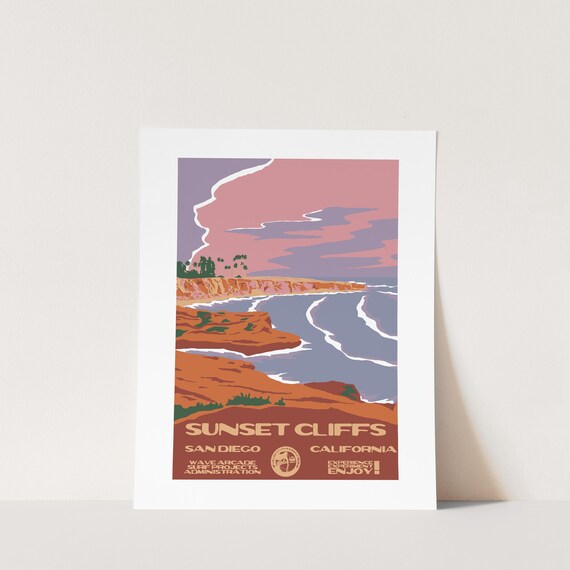 Copy Sunset Cliffs San Diego Ca Surf Poster National Parks Style