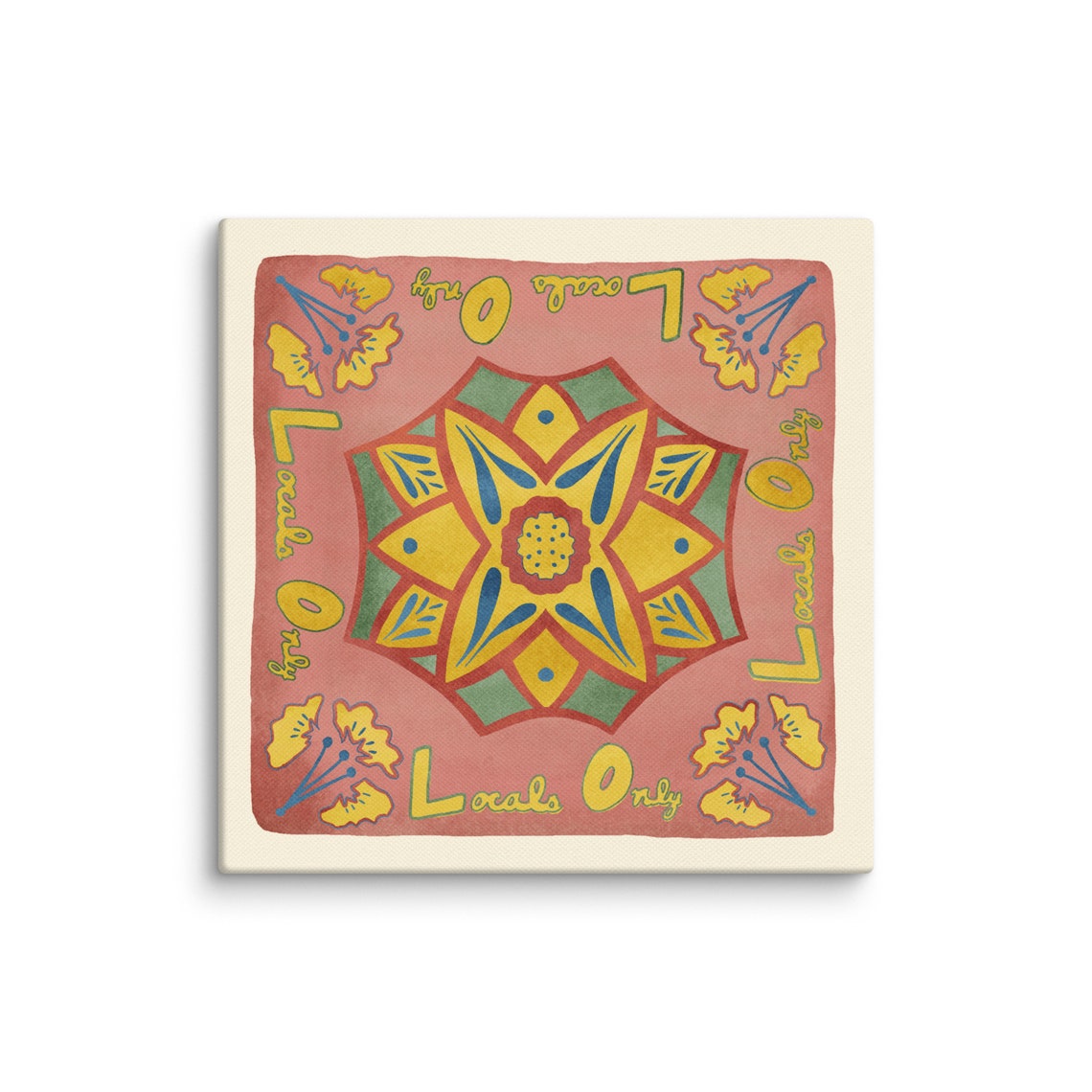 Locals Only Talavera Tile Medallion Pink Yellow Folk Art Poster