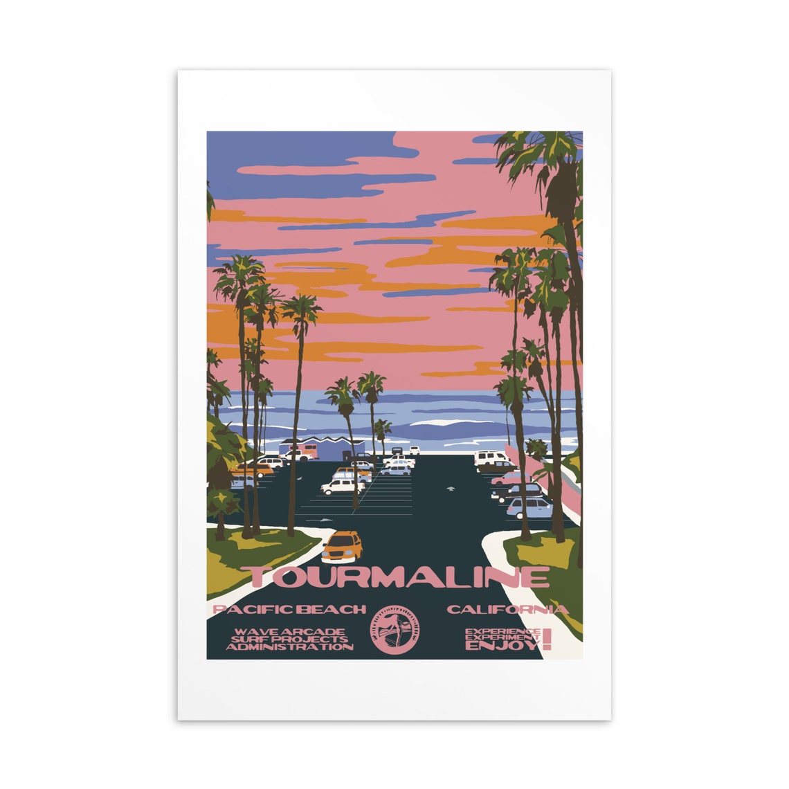 Tourmaline Surf Pink Sunset Palm Lot Travel Poster California