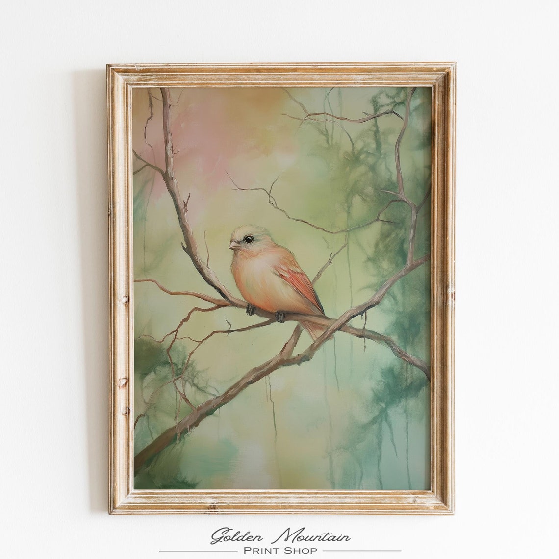 Cute Orange Brown Songbird on Branch Pastel Forest Spring Bird Poster