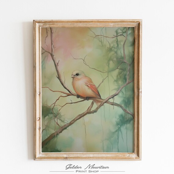 Cute Orange Brown Songbird on Branch Pastel Forest Spring Bird Poster