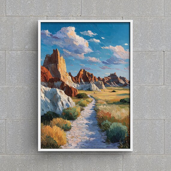 South Dakota Badlands Winding Trail Rock Formations Painting Poster
