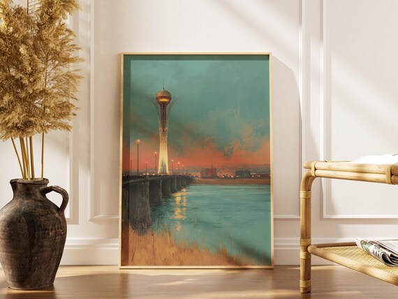 Kazakhstan Astana Nursultan Bayterek Tower Iconic Cityscape Bridge Evening Lights Travel Art Print