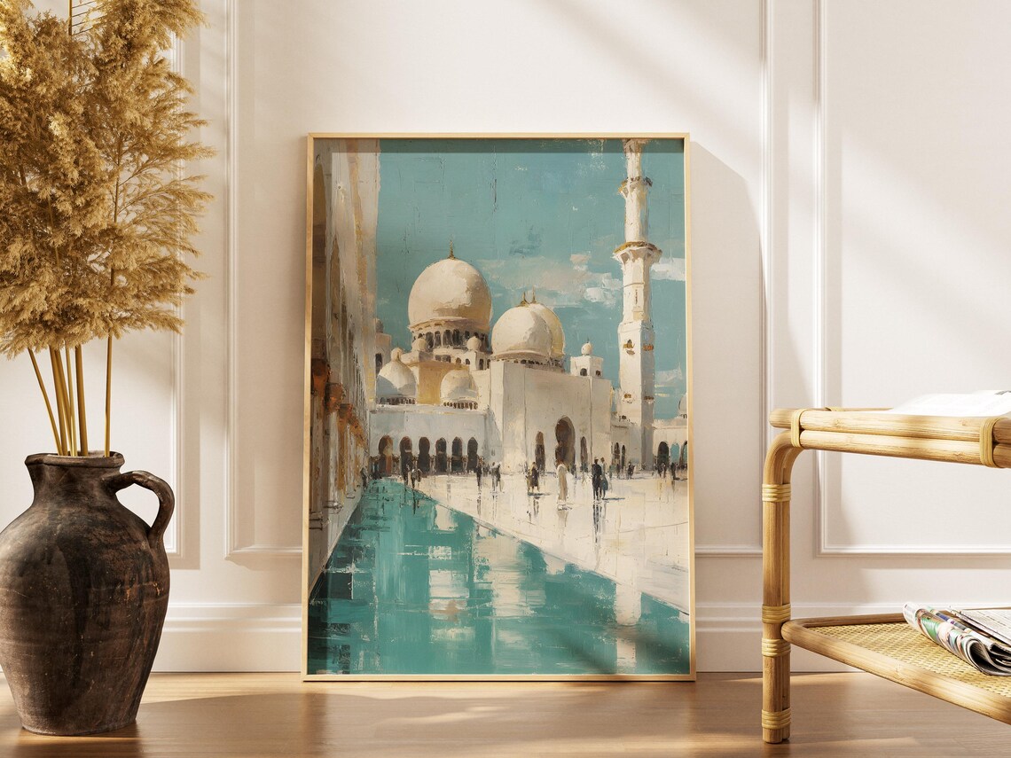 Grand White Mosque Domes Reflecting Pool Oil Painting Travel Poster