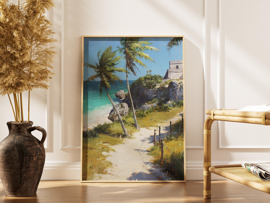 Tulum Beach Mayan Ruins on Cliffs Above Caribbean Sea Palm Poster