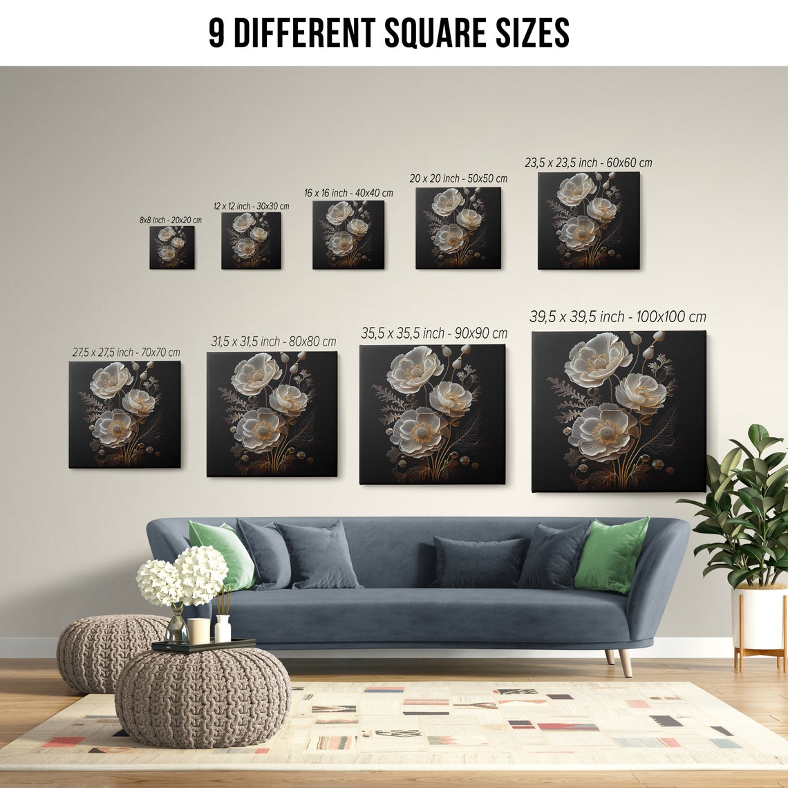 White 3D Floral Bloom Gold Detail Black Background Elegant Wall Art - Image 2