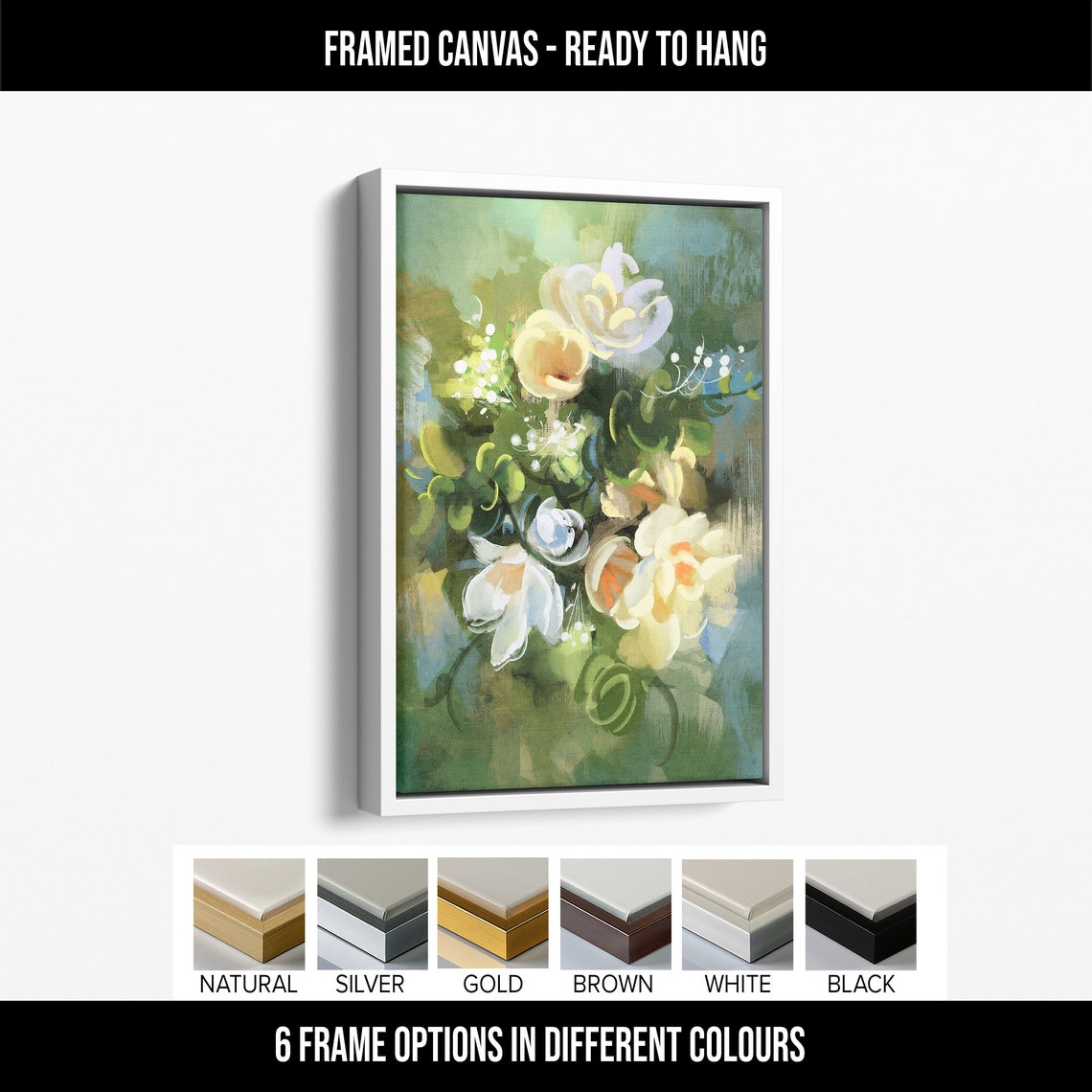 Abstract Green Cream Floral Bouquet Impasto Modern Canvas Wall Art - Image 4