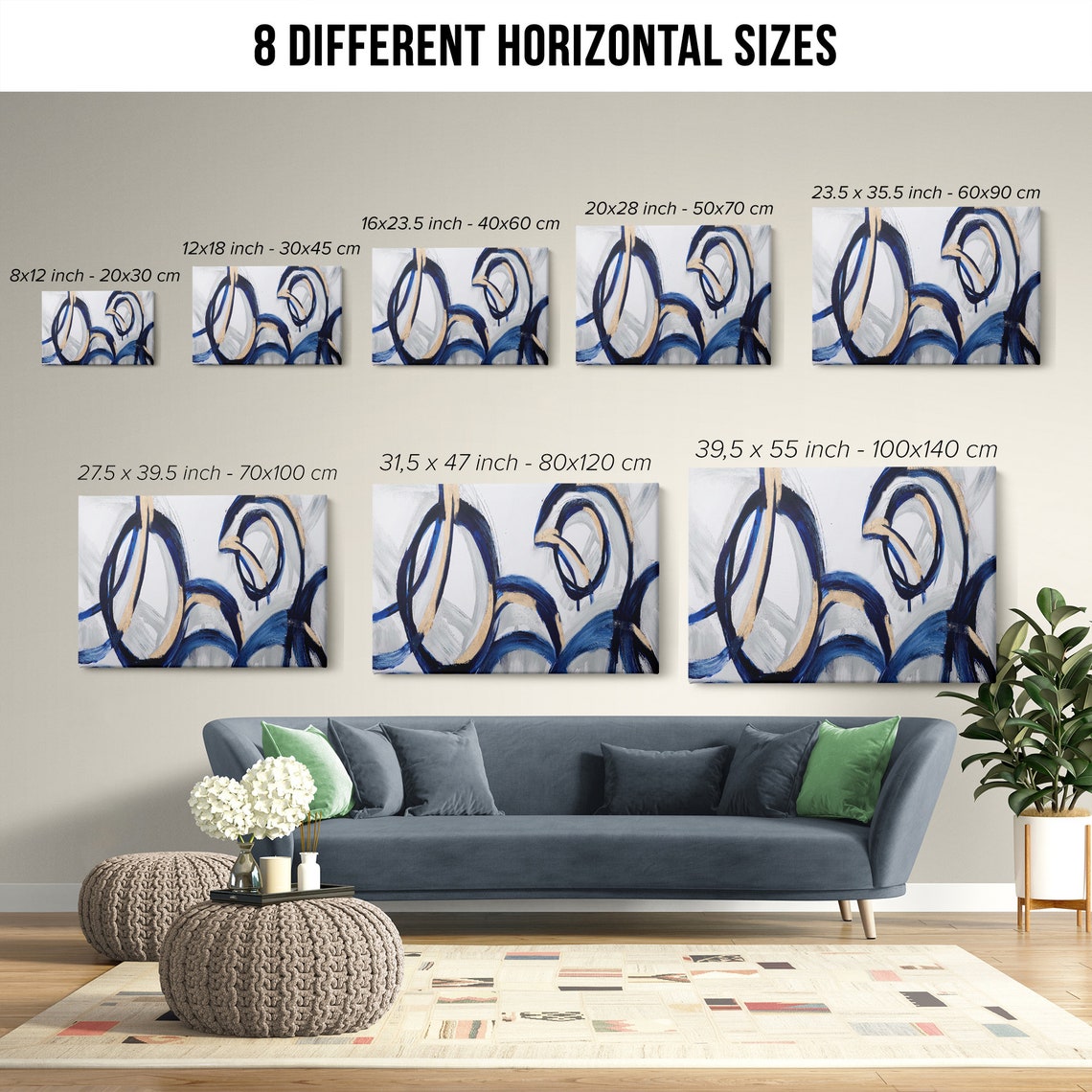 Navy Blue Circular Brushstrokes With Gold Accents Minimalist Wall Art - Image 2