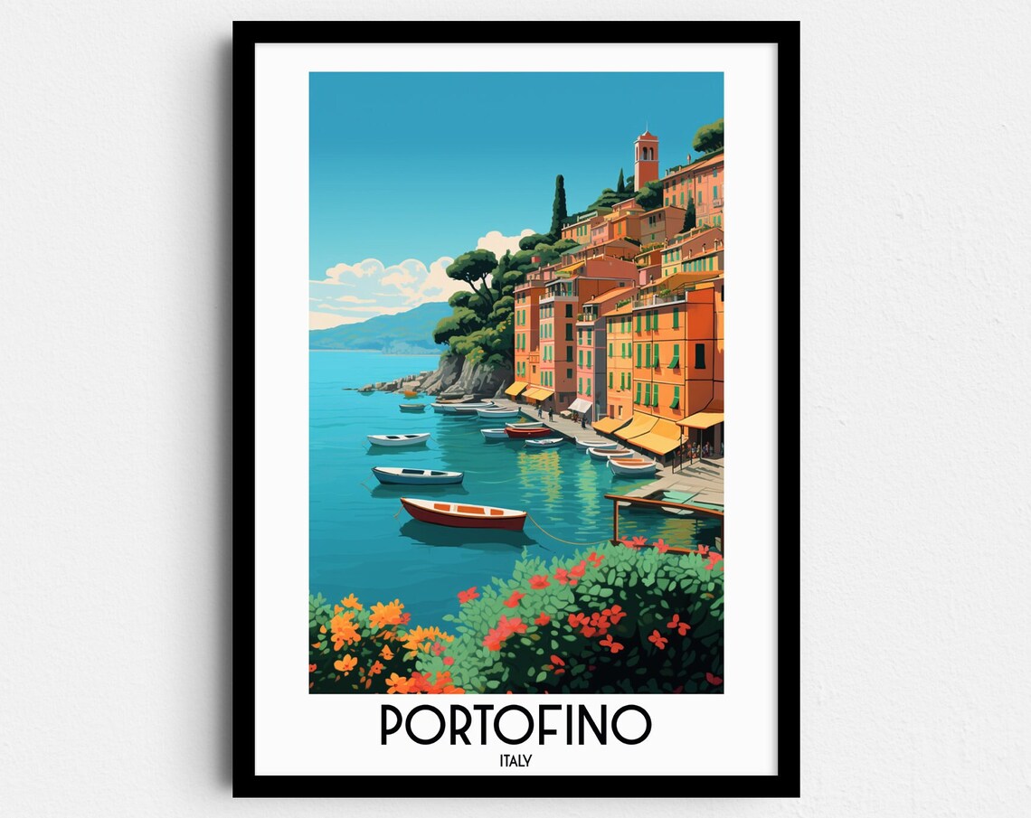 Portofino Italy Colorful Harbor Boats Seaside Village Travel Poster