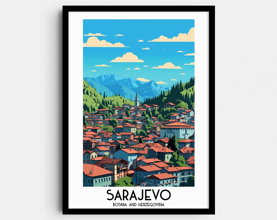 Sarajevo Red Rooftops Mountain Valley Bosnia Vintage Travel Poster