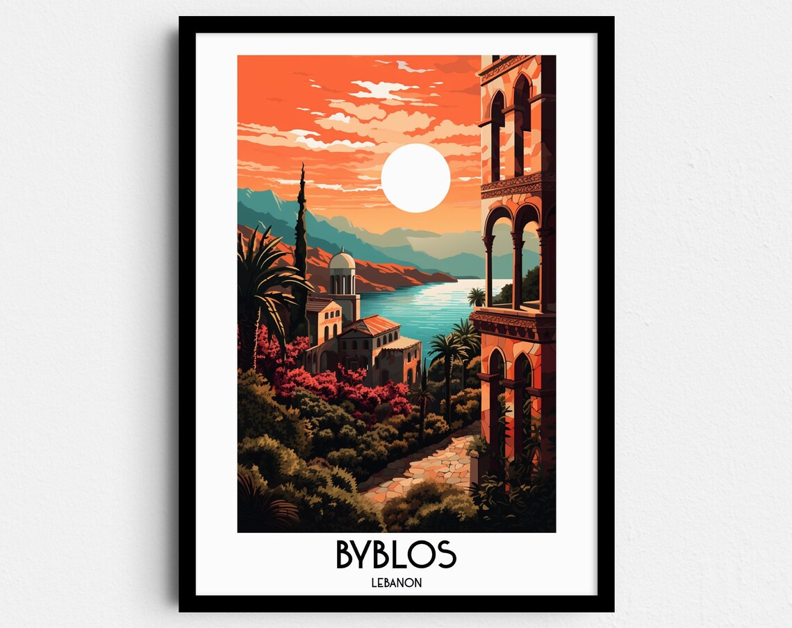 Byblos Lebanon Coastal Sunset Ancient Harbor Retro Travel Poster