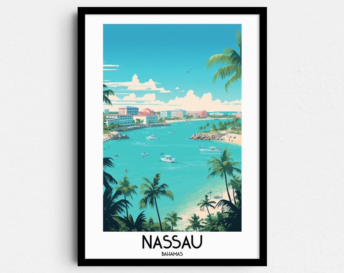 Nassau Turquoise Harbor Sailboats Palm Beach Bahamas Vintage Poster