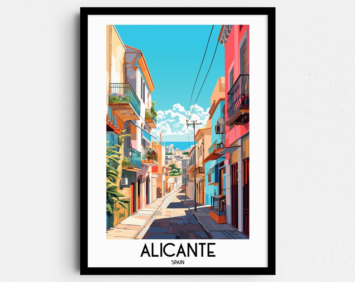 Alicante Spain Colorful Old Town Balconies Sunlit Street Travel Poster