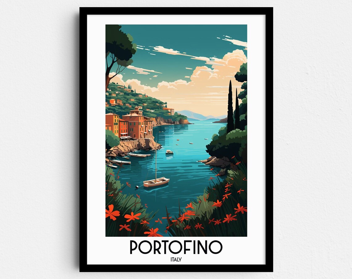 Portofino Italy Rocky Cove Sailboat Flowers Waterfront Travel Poster