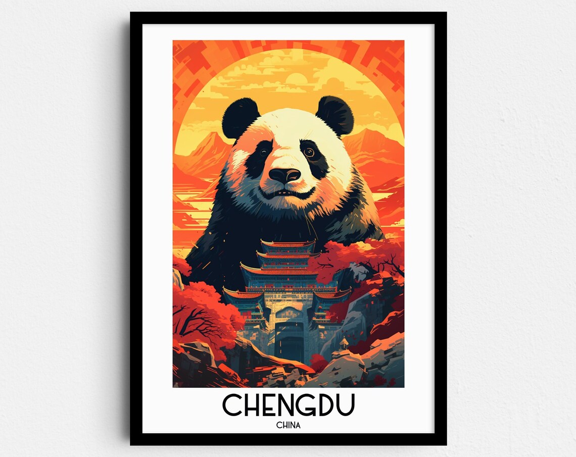 Chengdu China Giant Panda Pagoda Sunset Wildlife Travel Poster