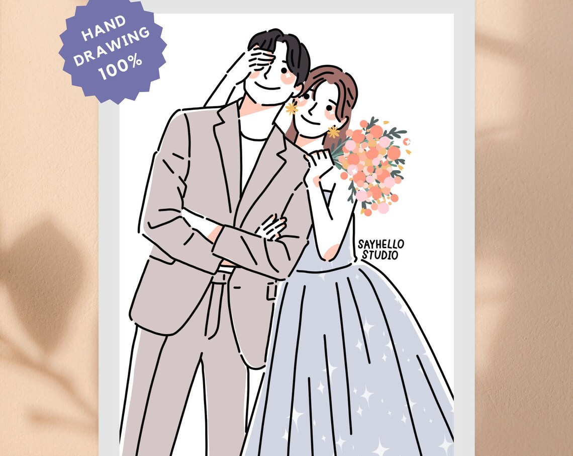 Wedding Couple in Suit and Gown Cartoon Portrait with Bouquet Poster