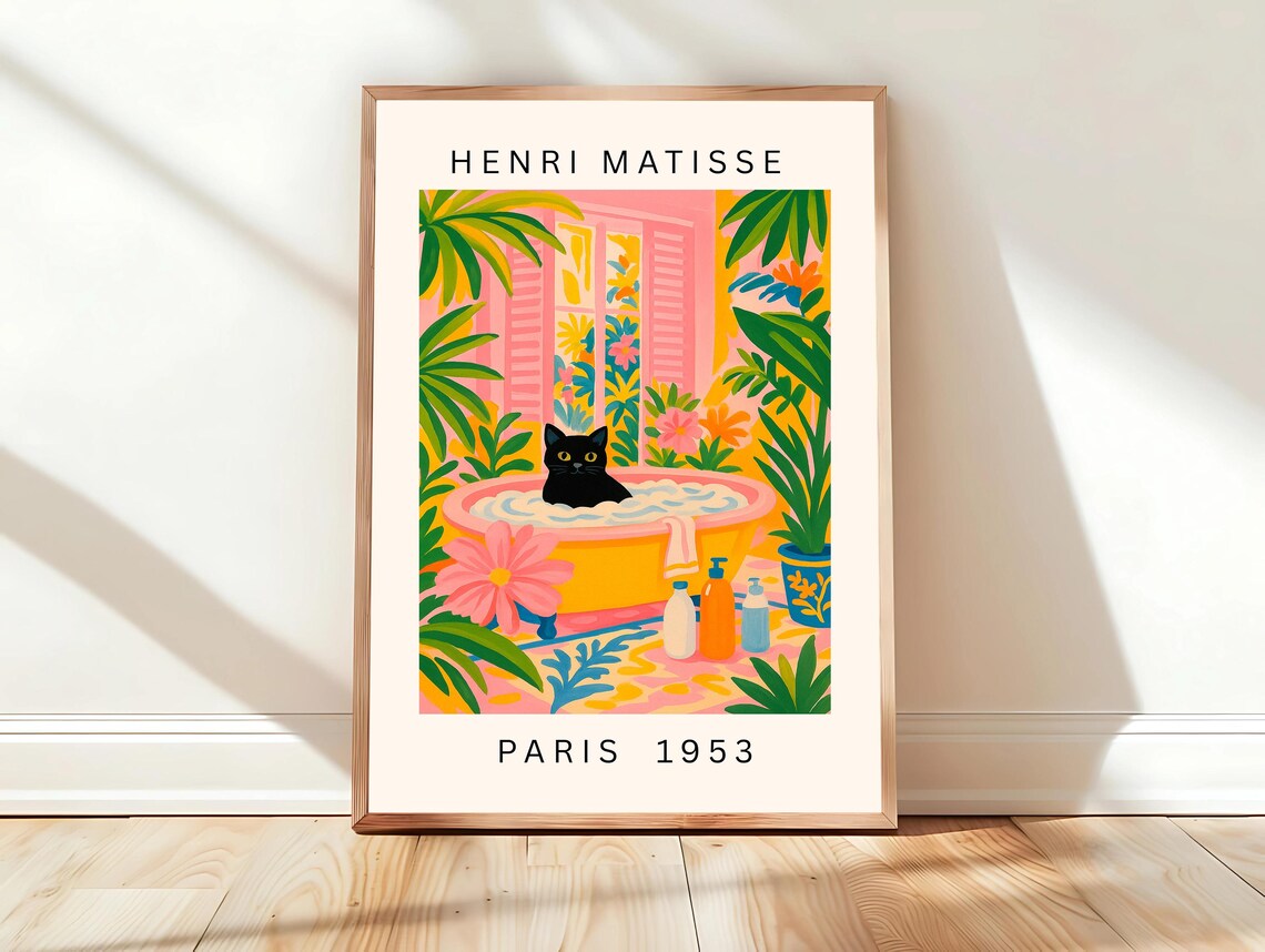 Black Cat In Bathtub Funny Bathroom Decor Dopamine Wall Art Matisse Poster Pink Tropical