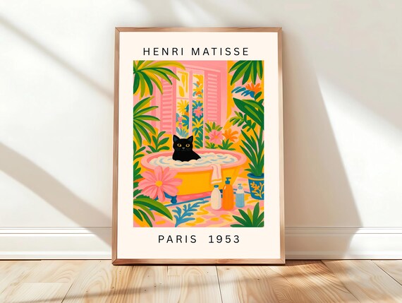 Black Cat in Bathtub Matisse Style Funny Bathroom Wall Poster
