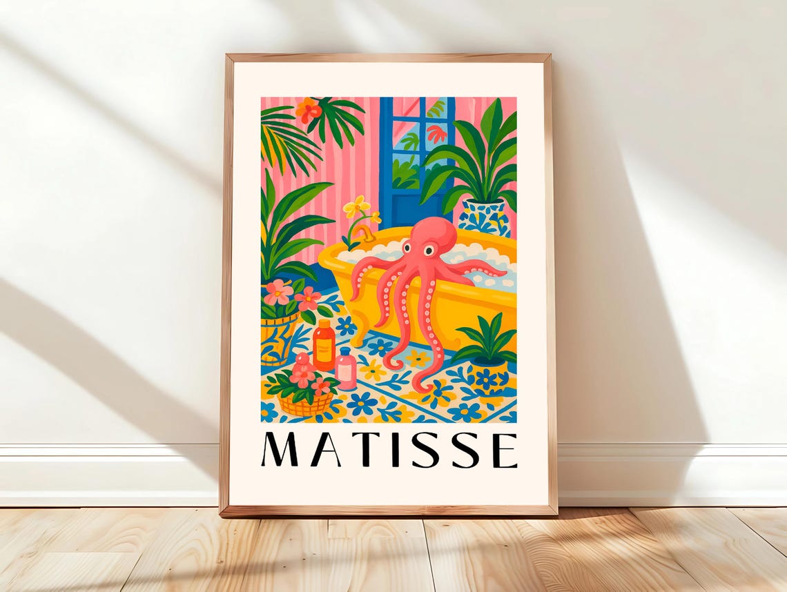 Funny Pink Octopus Climbing Out of Bathtub Matisse Style Poster