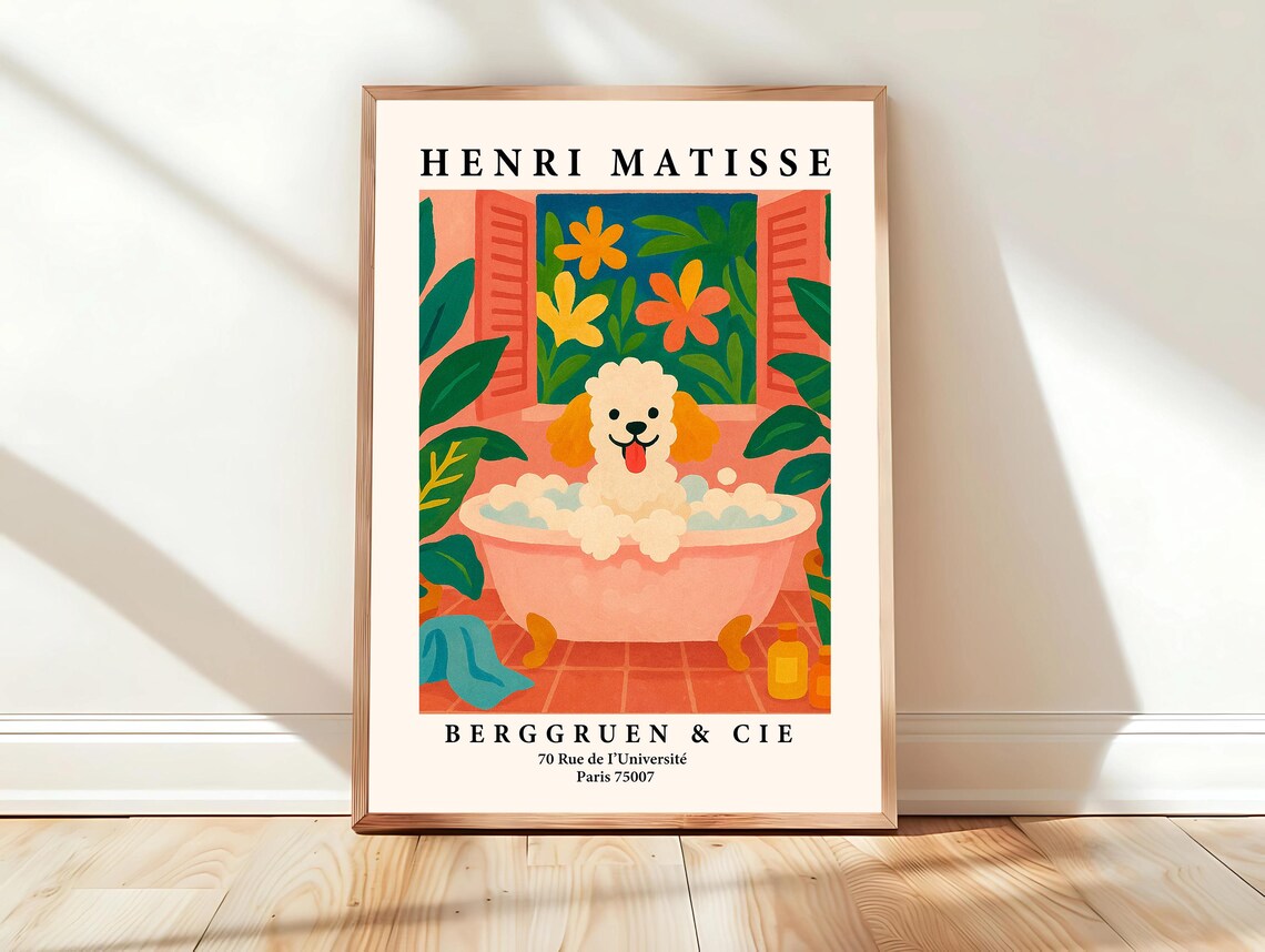 White Toy Poodle in Pink Bathtub Matisse Style Animal Poster