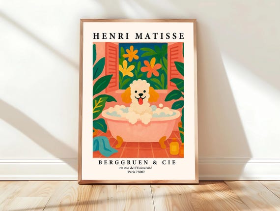 Toy Poodle In Bathtub Pink Bathroom Wall Art Henri Matisse Print Gift For Dog Lovers Dopamine Decor Funny Poster