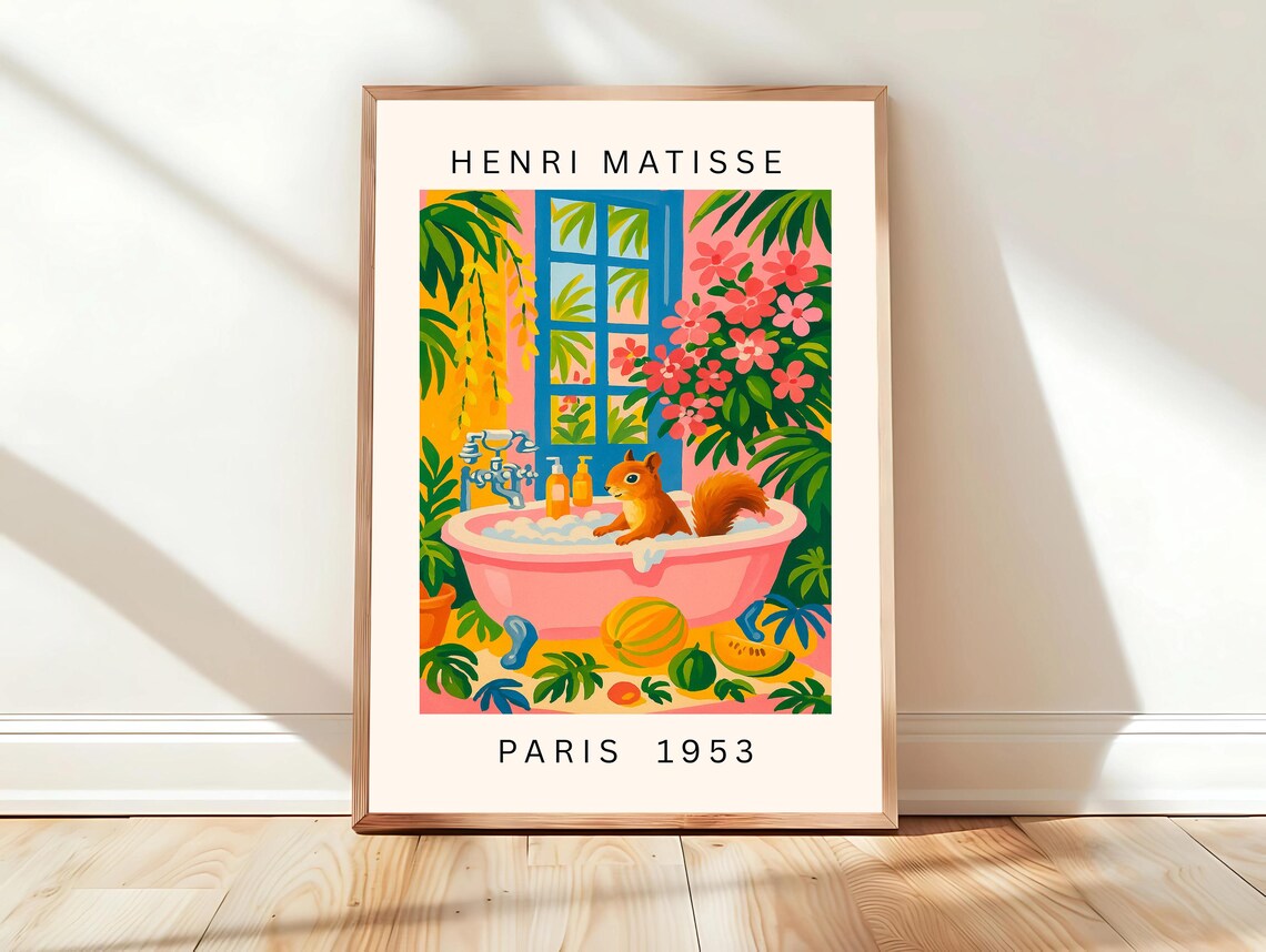 Squirrel In Bathtub Funny Poster Bathroom Decor Matisse Print Pink Tropical Art