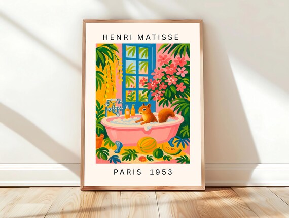 Matisse Style Squirrel Bathtub Whimsical Bathroom Art Poster