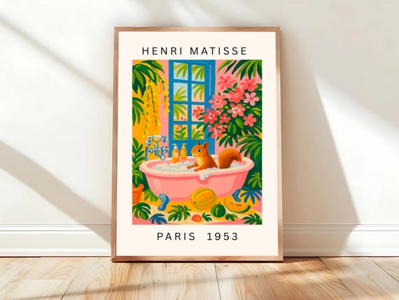 Squirrel In Bathtub Funny Poster Bathroom Decor Matisse Print Pink Tropical Art