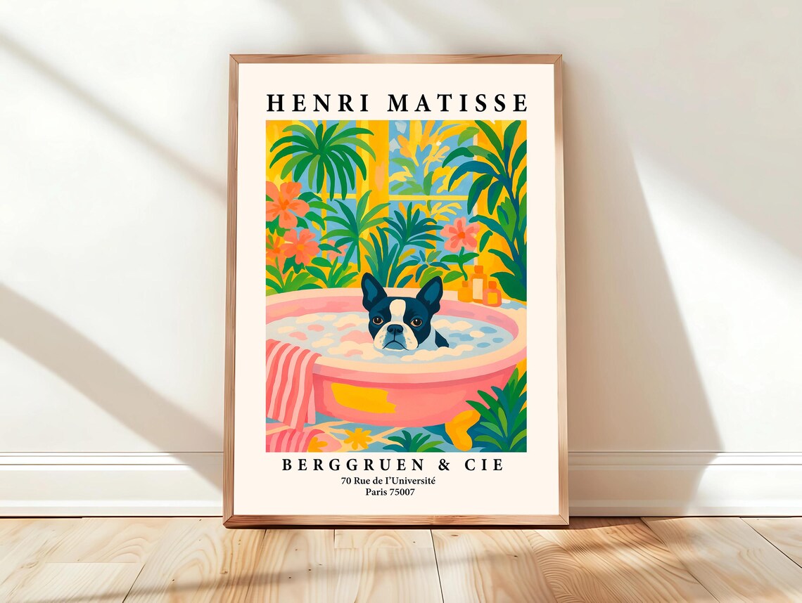 Cute Boston Terrier in Pink Bathtub Matisse Style Animal Poster